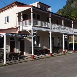 Front view of the historic Whangamōmona Hotel on a sunny day in the Republic of Whangamōmona.