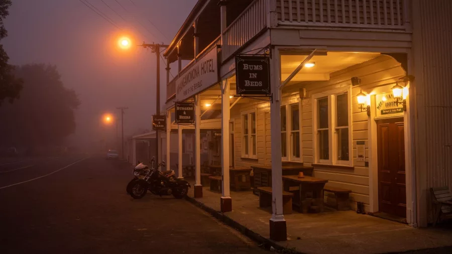 The historic Whangamōmona Hotel glowing in misty evening light on the Forgotten World Adventures route.