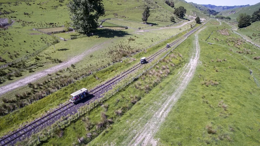 Rail carts travelling through Heao Valley on the Forgotten World Adventures Expedition in New Zealand.