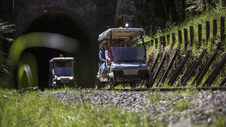 Rail carts exiting a dark tunnel into the greenery on the Forgotten World Adventures Expedition rail route.