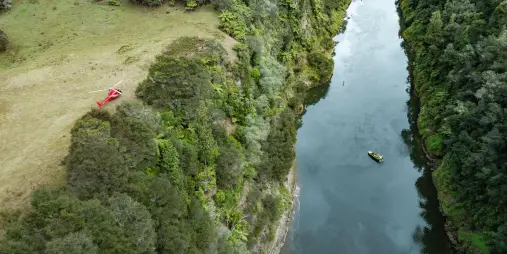 Aerial view of the Whanganui River valley during the Forgotten World Adventures Expedition Tour