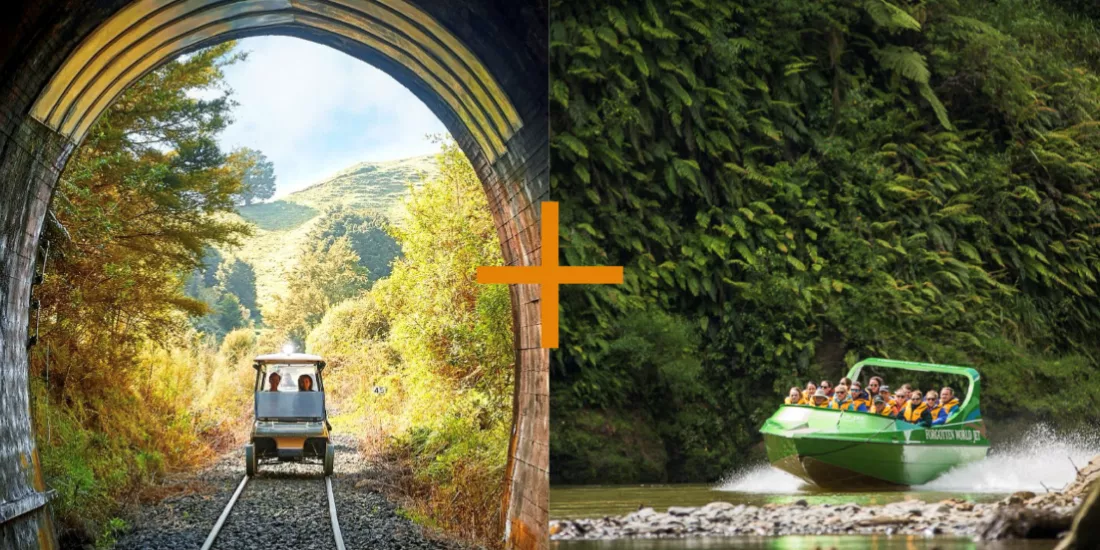 Collage showing a rail cart exiting a tunnel and a jet boat speeding down the Whanganui River.