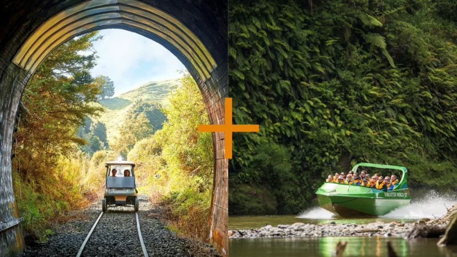 Collage showing a rail cart exiting a tunnel and a jet boat speeding down the Whanganui River.