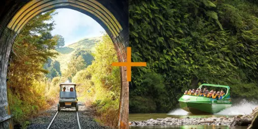 Collage showing a rail cart exiting a tunnel and a jet boat speeding down the Whanganui River.