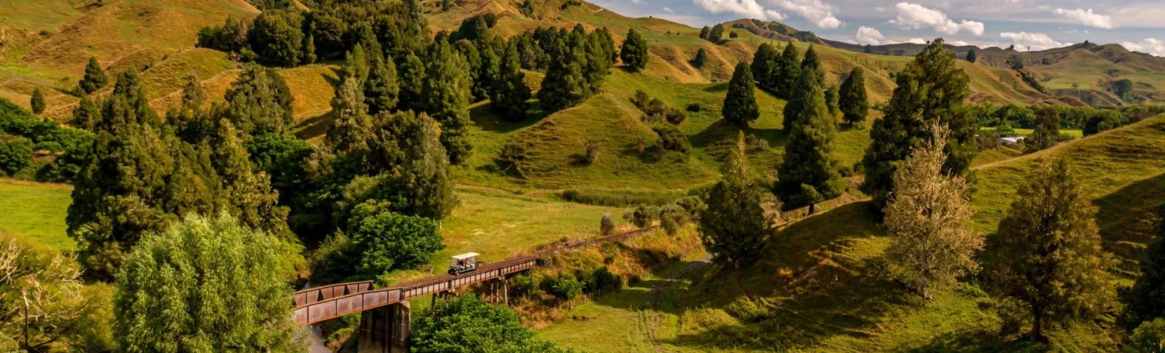 Rail cart crossing a narrow bridge through rolling green hill country on the Forgotten World Adventures rail trail.