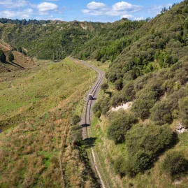 Rail cart on Forgotten World Adventures track through green valley