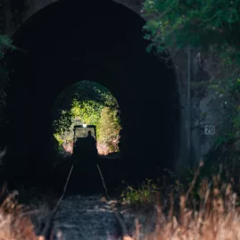 Silhouetted rail cart travelling through a dark tunnel with light at the far end on the Forgotten World Adventures tour.