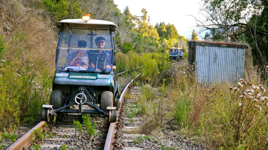 Rail cart travelling along an overgrown track beside a weathered shed on the Forgotten World Adventures journey.