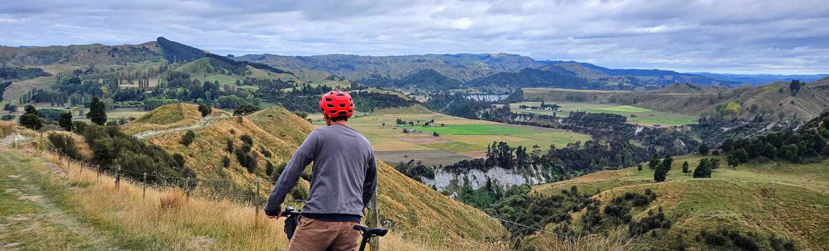 Man on an E-bike overlooking the Rangitikei River valley from a high viewpoint