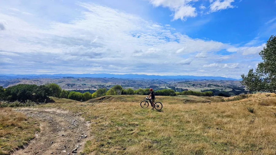 Cyclist on an E-bike following a grassy trail through the high country on a blue-sky day