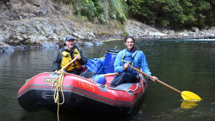Two anglers in a raft during a multi-day fishing trip on the Rangitikei River