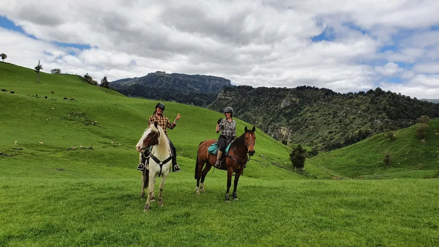 Riders exploring scenic hills on Harmony With Horses tour