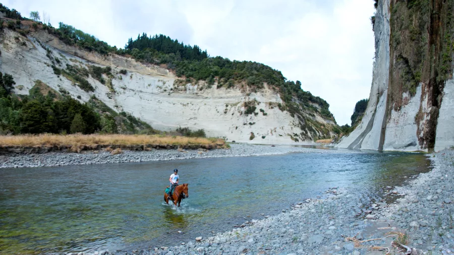 Rider on horseback crossing the Rangitikei River beside dramatic papa cliffs