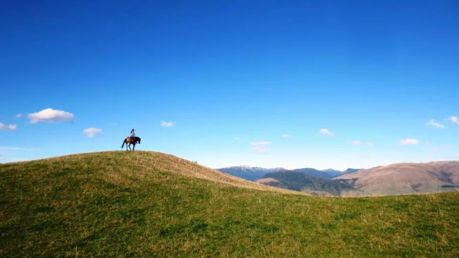 Lone rider on horseback silhouetted against a wide blue sky on a grassy hill