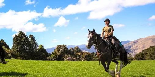 Horse and rider cantering across a green meadow with hills in the background