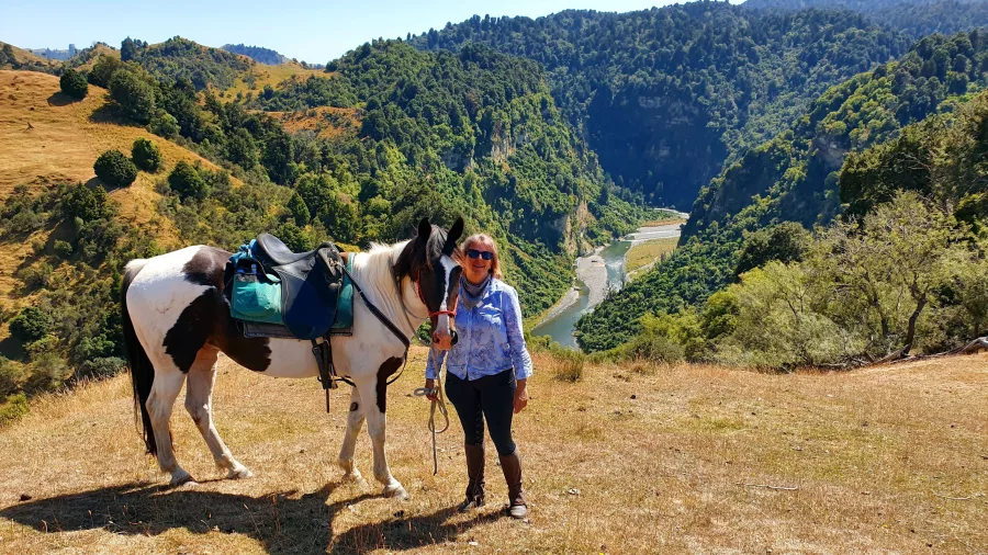 Rider standing with their horse at a lookout point above the Rangitikei River canyon