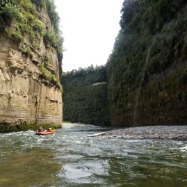 Raft entering a deep gorge on the lower Rangitikei River