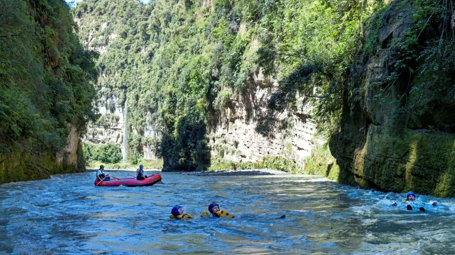 Rafters and swimmers floating through a sunny gorge on the Rangitikei River