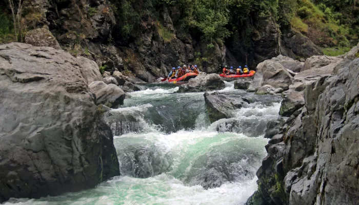 Raft poised above the turbulent entry to See Thru rapid in the Rangitikei Gorge, surrounded by rugged canyon walls and powerful whitewater