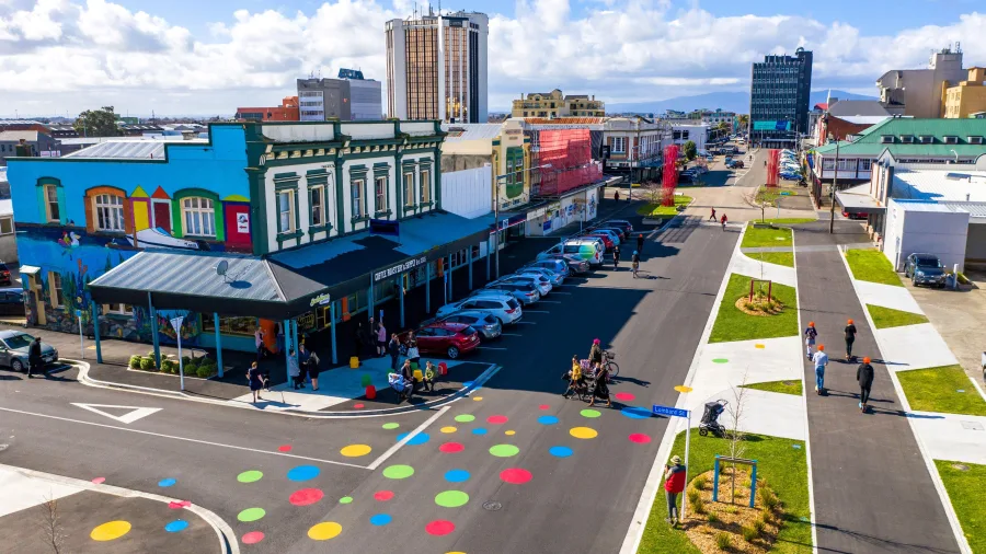 Cuba Street in Palmerston North with colourful painted dots and murals