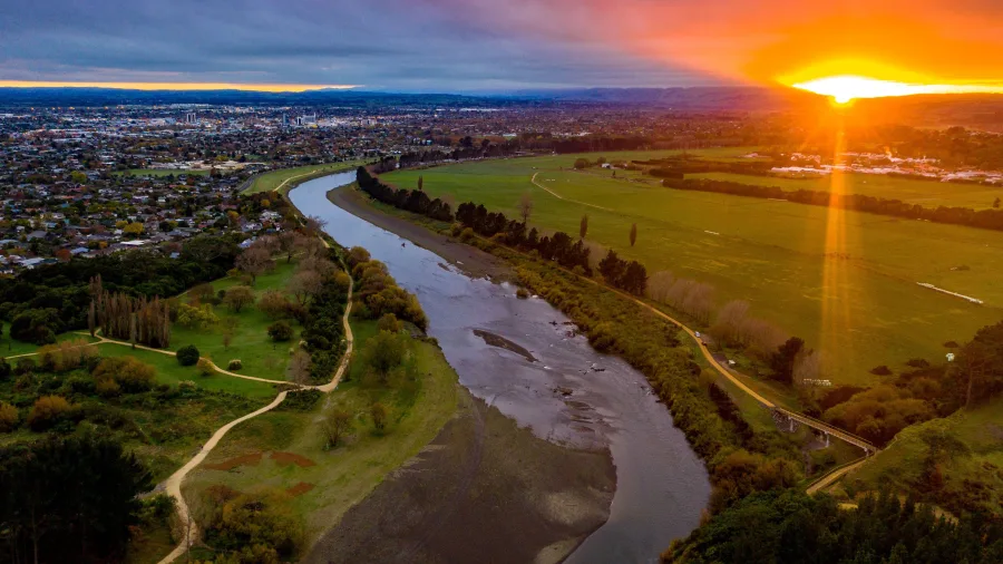 Aerial view of Manawatū River at sunset near Palmerston North