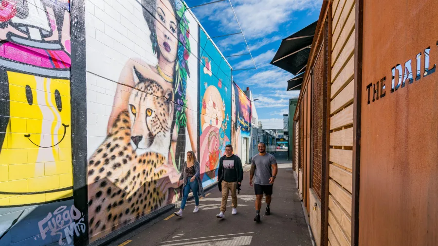 People walking through Berryman’s Lane street art in Palmerston North