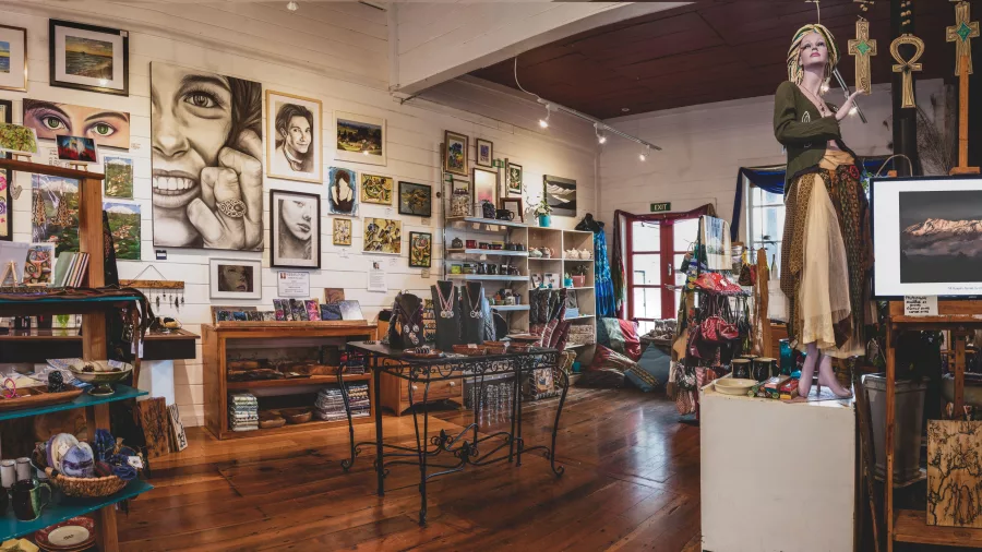 Eclectic artworks and handmade goods inside Volcano Vibe in Raetihi