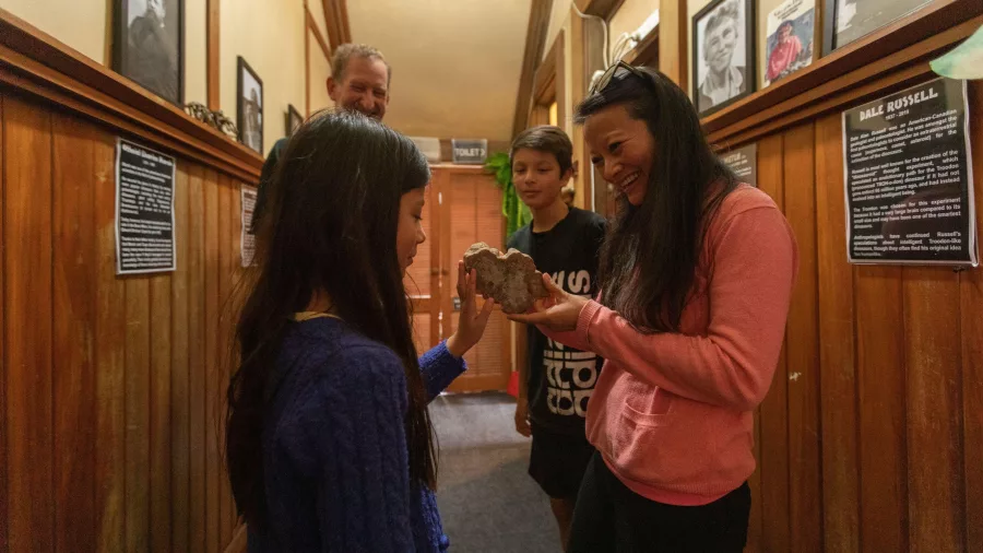 Family examining a fossil at Dinosaur House in Raetihi