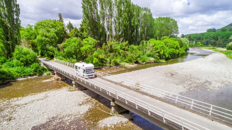 Motorhome crossing rural bridge near Taihape