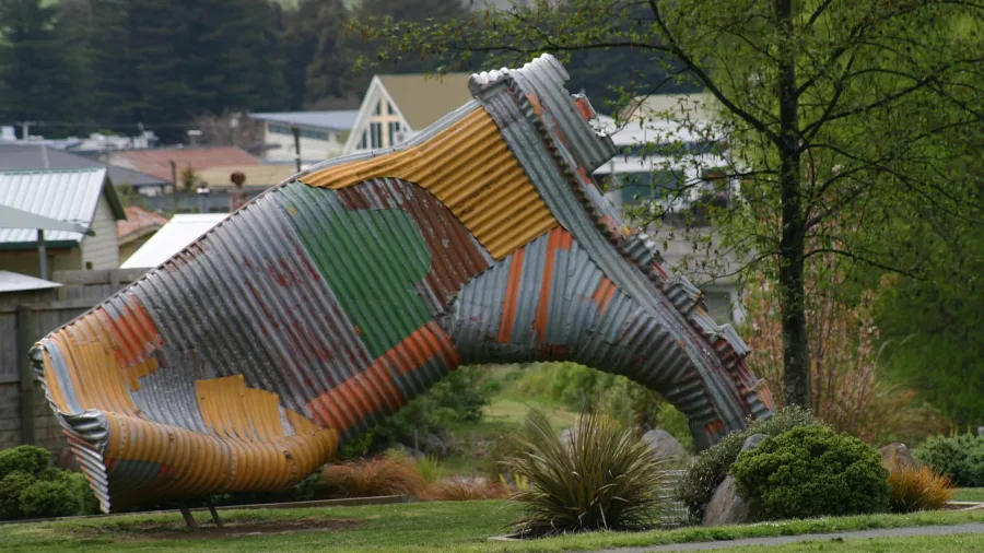 Giant corrugated iron gumboot sculpture in Taihape
