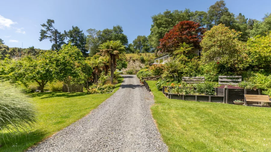 Gravel path leading through the lush greenery of Whenua Gardens in Taumarunui