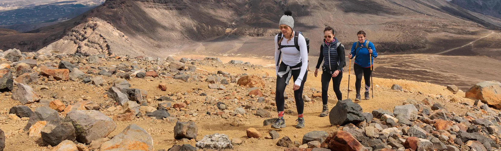 Hikers trekking the Tongariro Alpine Crossing with Mt Ngāuruhoe