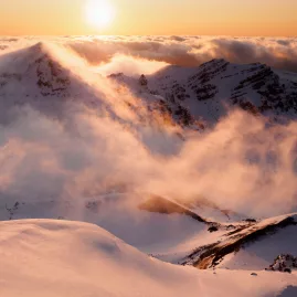 Snow-covered peaks in Tongariro National Park at sunset in winter