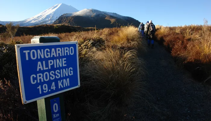 Tongariro Alpine Crossing trailhead sign in winter