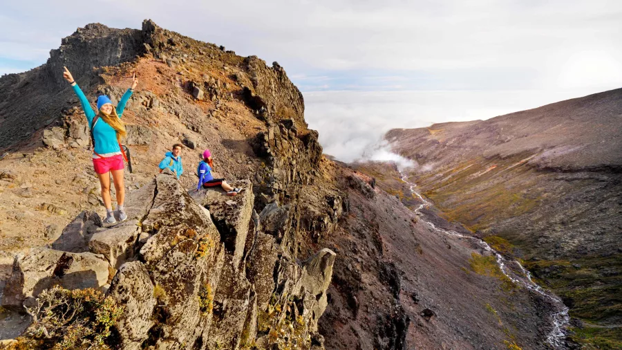 Hikers at Meads Wall Lord of the Rings filming location Tongariro