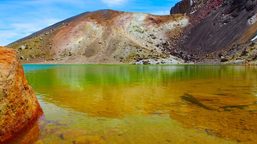 Emerald Lakes on Tongariro Alpine Crossing with vivid green water