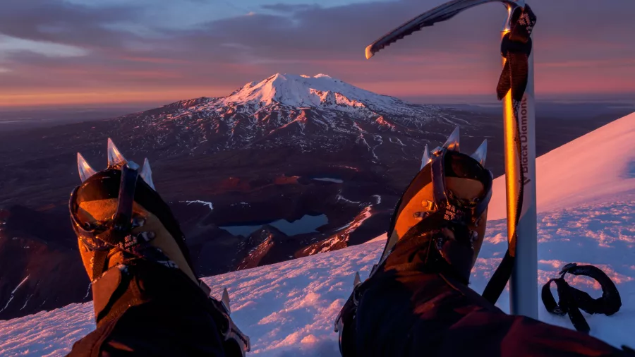 View of Mount Ruapehu from Tongariro Alpine Crossing at sunrise in winter