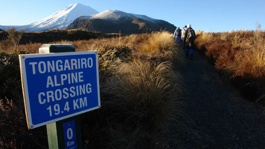 Tongariro Alpine Crossing trailhead sign in winter