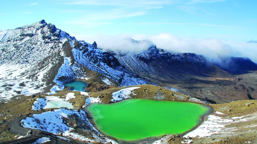 Snow-dusted Emerald Lakes during winter in Tongariro National Park