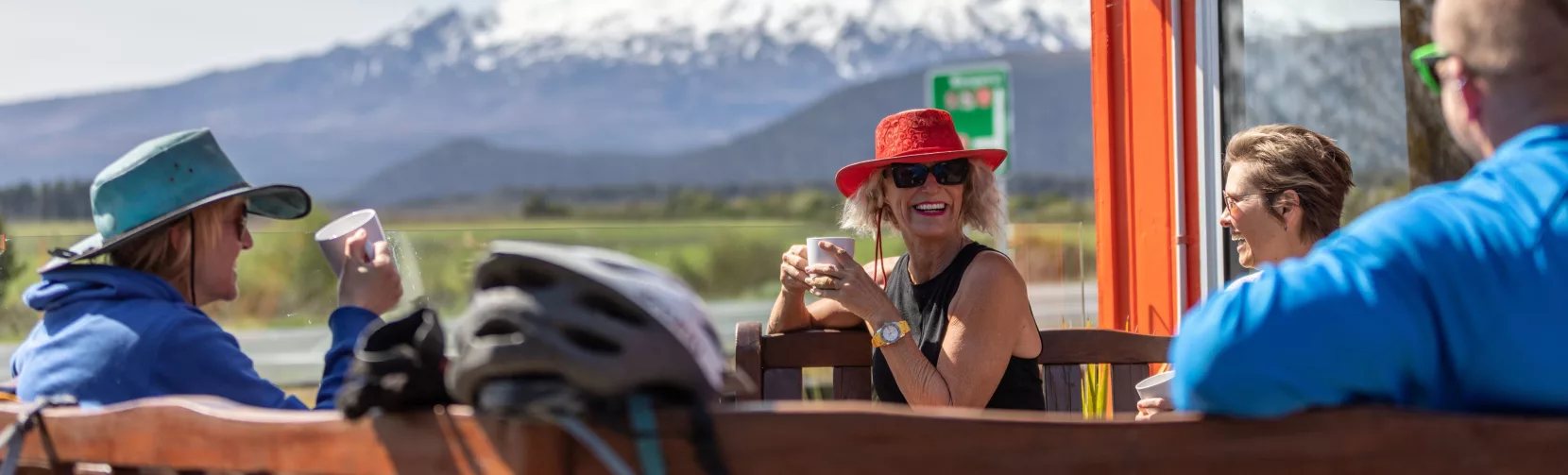 People enjoying coffee with view of Mt Ruapehu in Waimarino