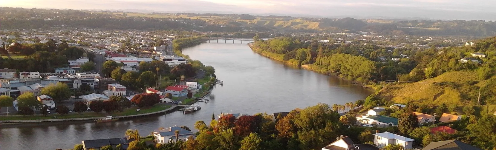 Scenic view of the Whanganui River from Durie Hill looking towards the city