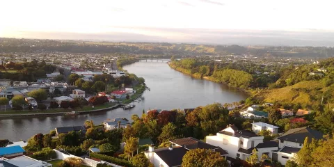 Scenic view of the Whanganui River from Durie Hill looking towards the city