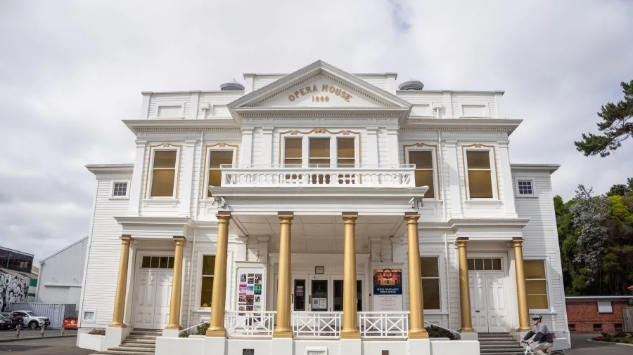 The white timber façade of the Royal Opera House in Whanganui, New Zealand