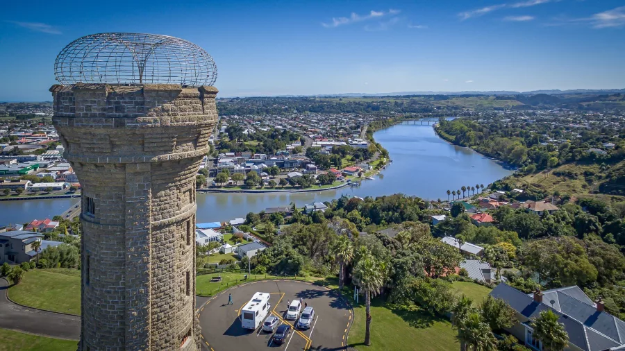 Aerial view of the Durie Hill War Memorial Tower overlooking Whanganui and the Whanganui River