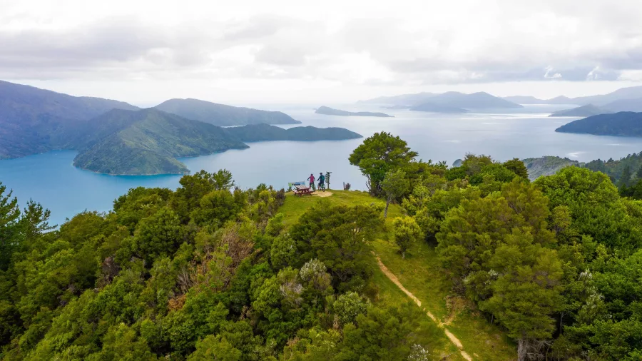 Aerial view of cyclists at Eatwell’s Lookout with sweeping views of the Marlborough Sounds
