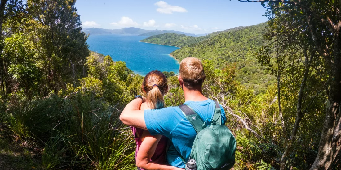 Couple admiring the view from a forested lookout point on the Queen Charlotte Track, Marlborough Sounds