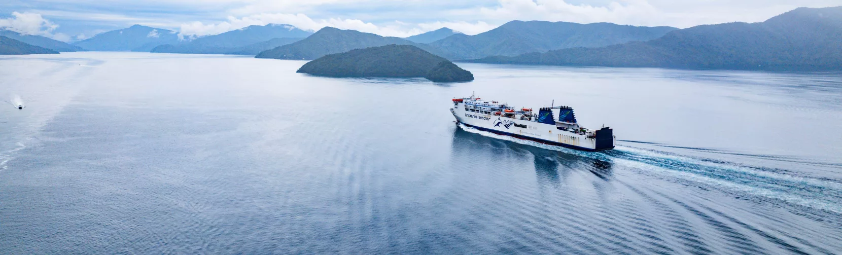 Aerial view of Interislander ferry sailing through Marlborough Sounds