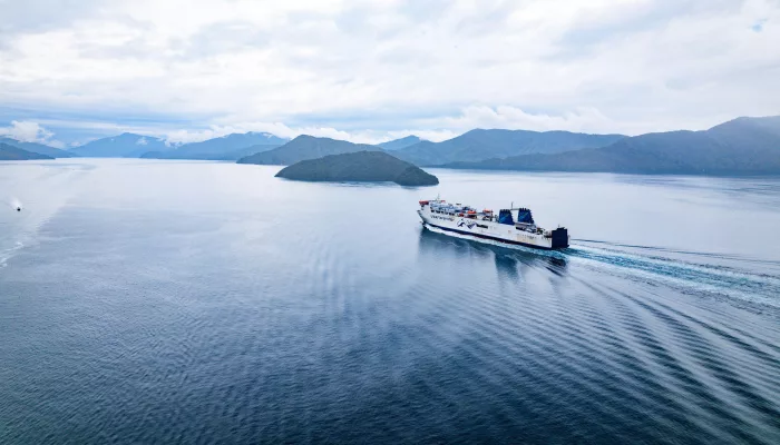 Aerial view of Interislander ferry sailing through Marlborough Sounds