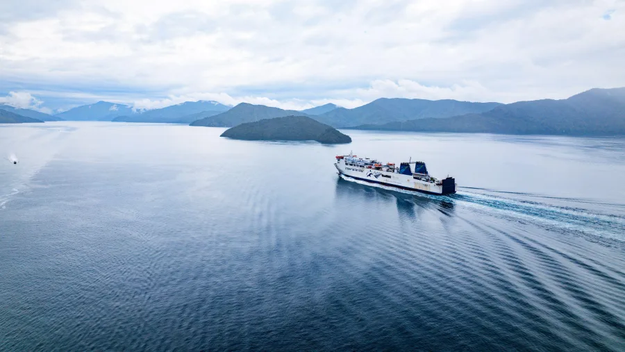 Aerial view of Interislander ferry sailing through Marlborough Sounds