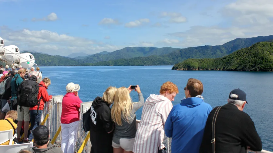 Kaitiaki Interislander ferry with passengers viewing Blackwood Bay in Queen Charlotte Sound